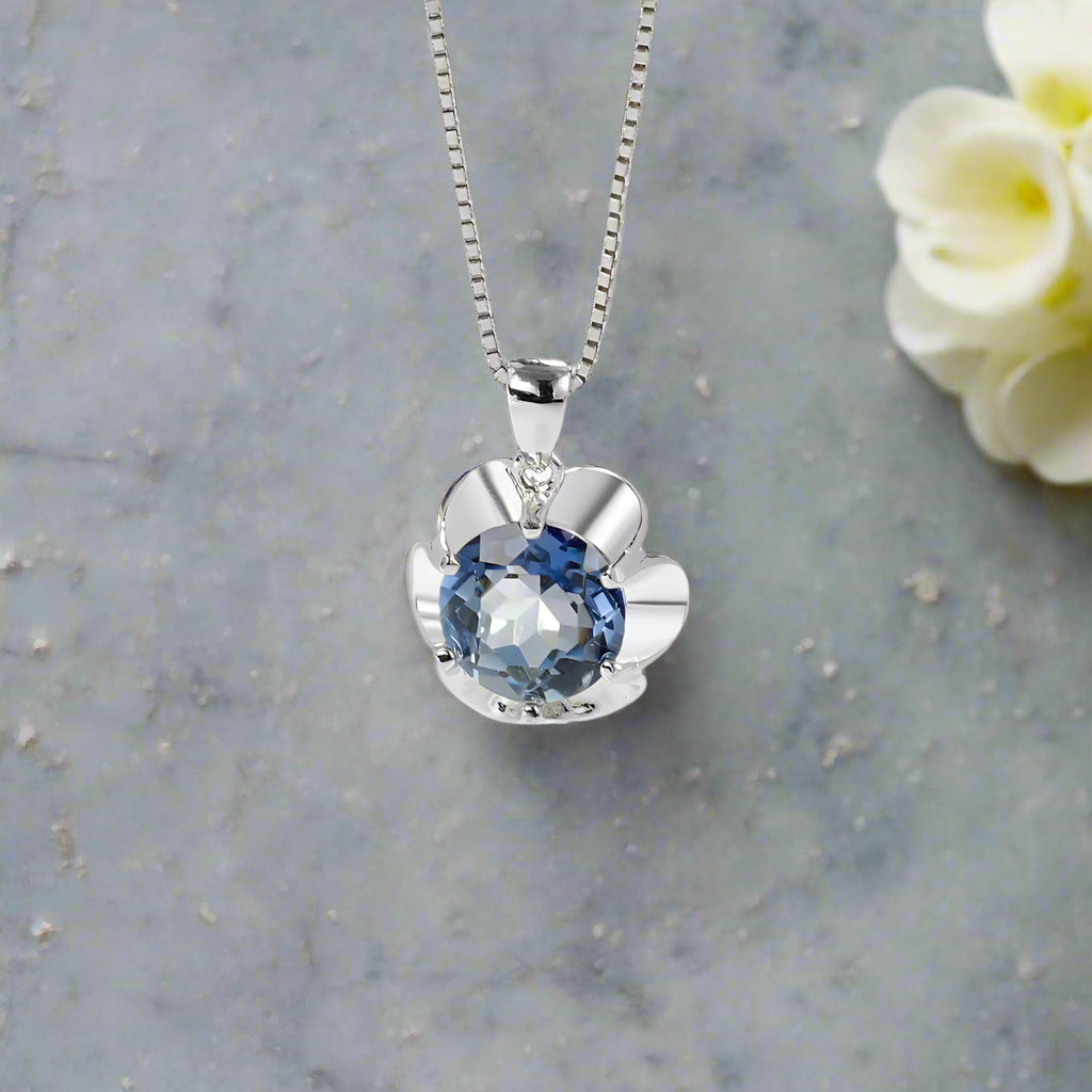 GRACE Iolite Blue Mystic Quartz Flower Pendant Necklace in Sterling Silver