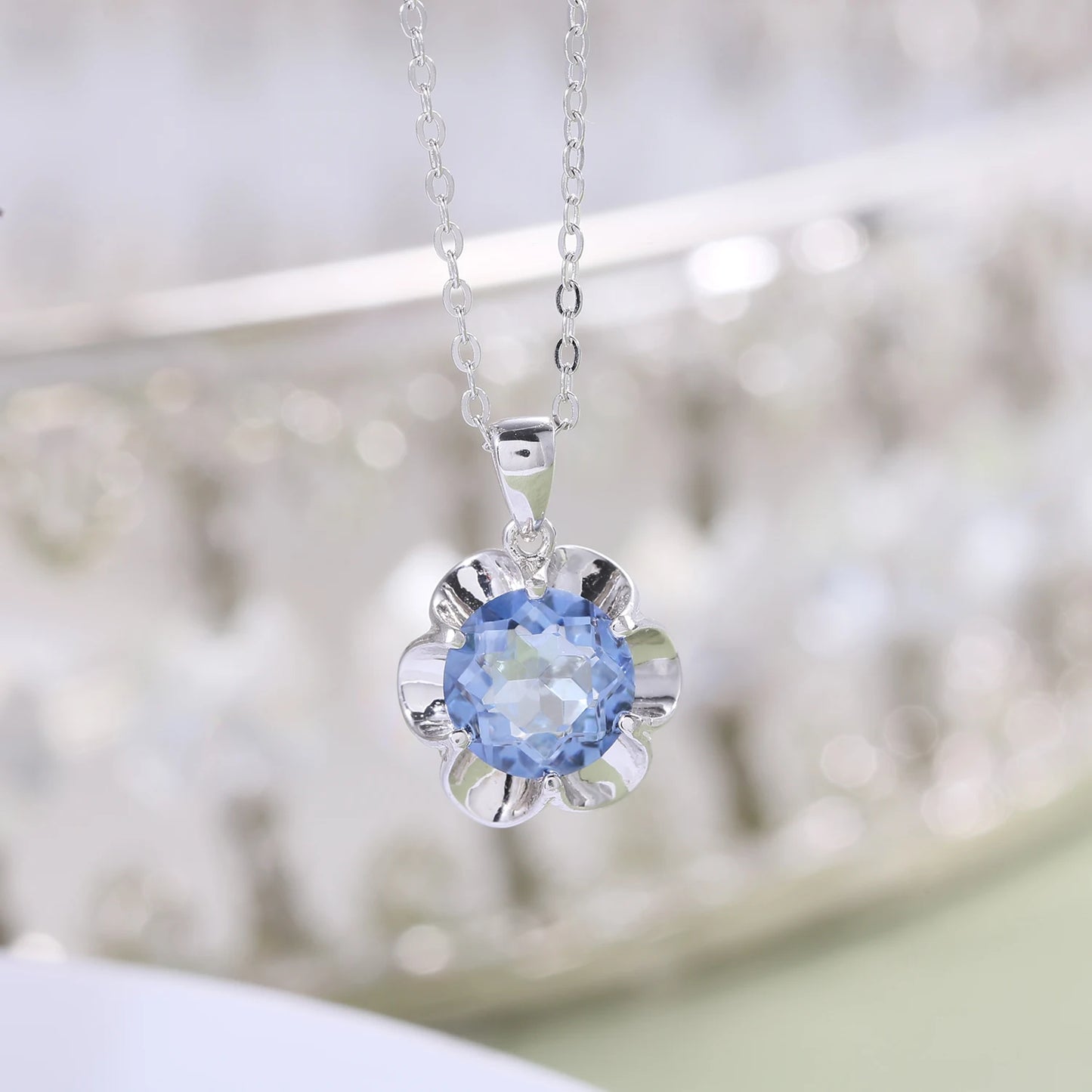 GRACE Iolite Blue Mystic Quartz Flower Pendant Necklace in Sterling Silver