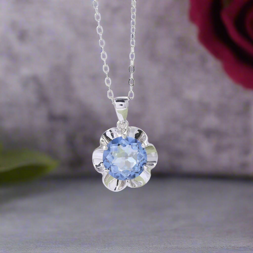 GRACE Iolite Blue Mystic Quartz Flower Pendant Necklace in Sterling Silver