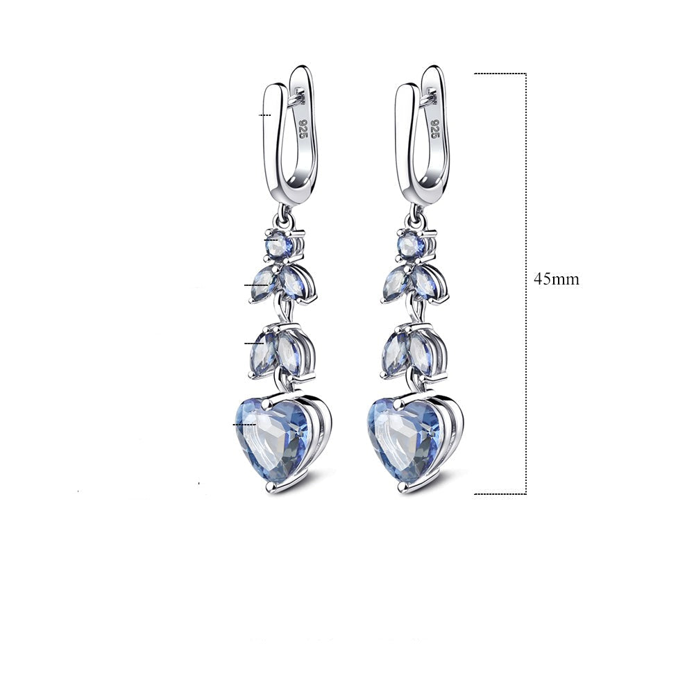 Pendientes GRACE de iolita azul con cuarzo místico y hojas en forma de corazón en plata de ley