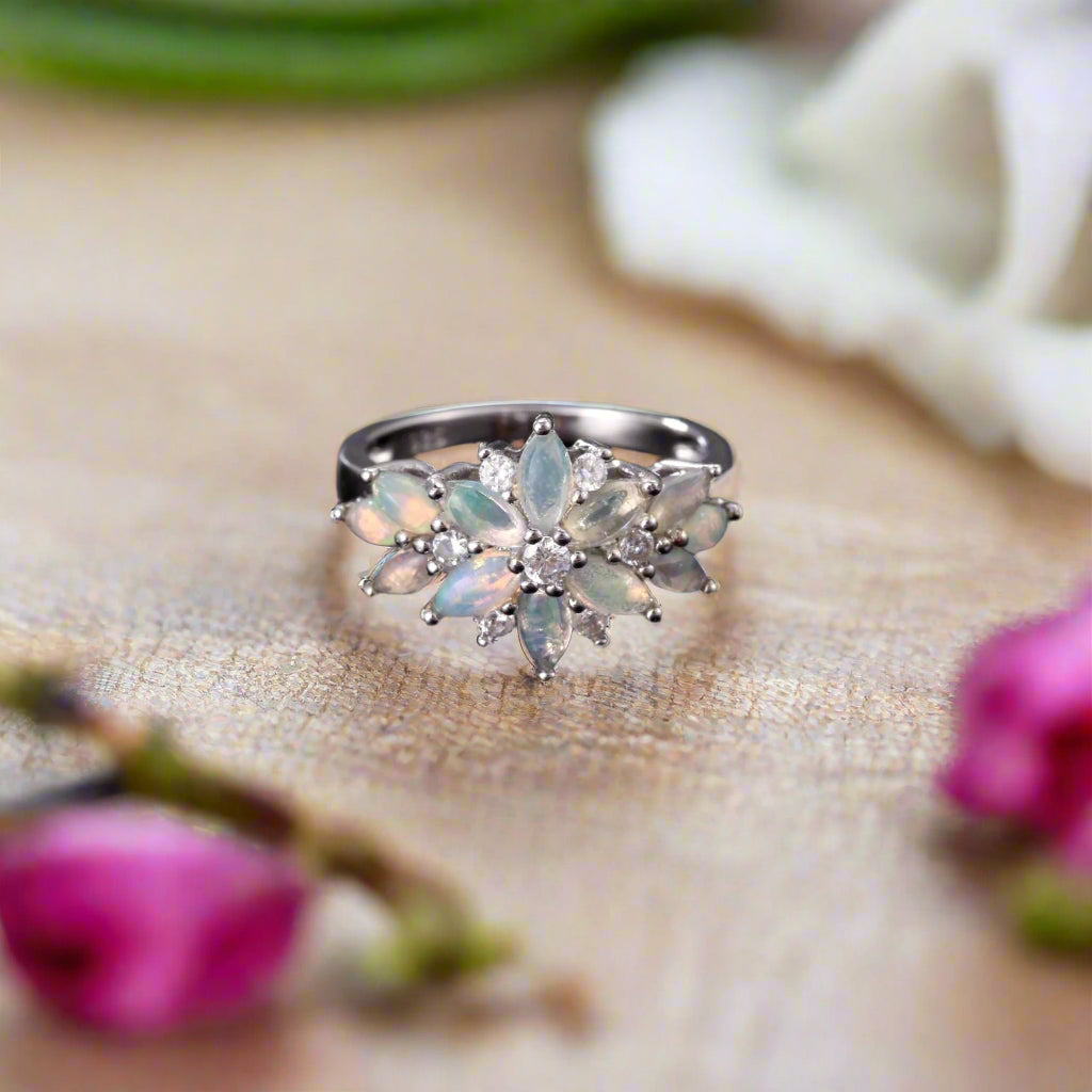 GRACE Marquise Gemstone Flower Ring in Sterling Silver