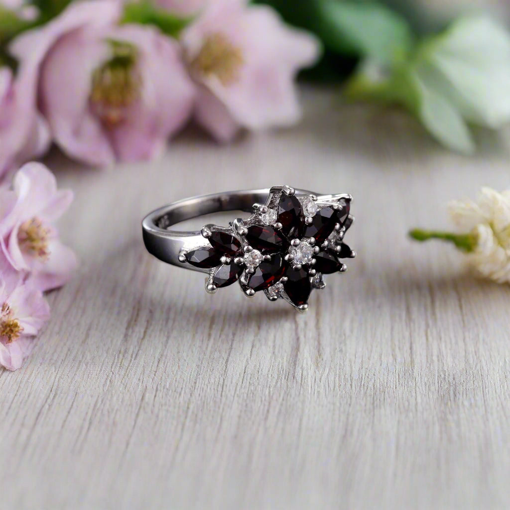 GRACE Marquise Gemstone Flower Ring in Sterling Silver