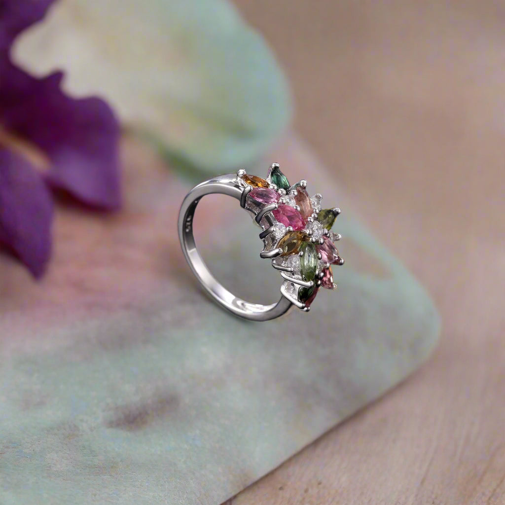 GRACE Marquise Gemstone Flower Ring in Sterling Silver