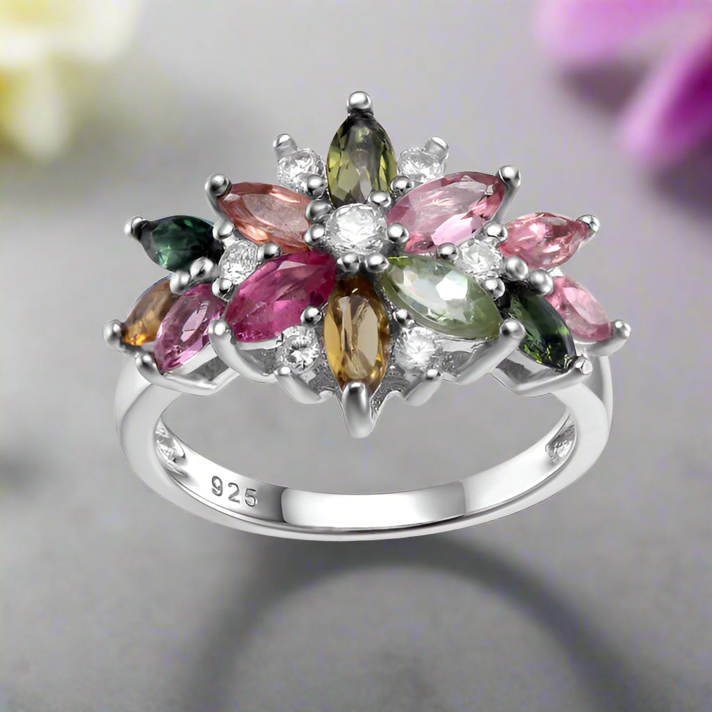GRACE Marquise Gemstone Flower Ring in Sterling Silver