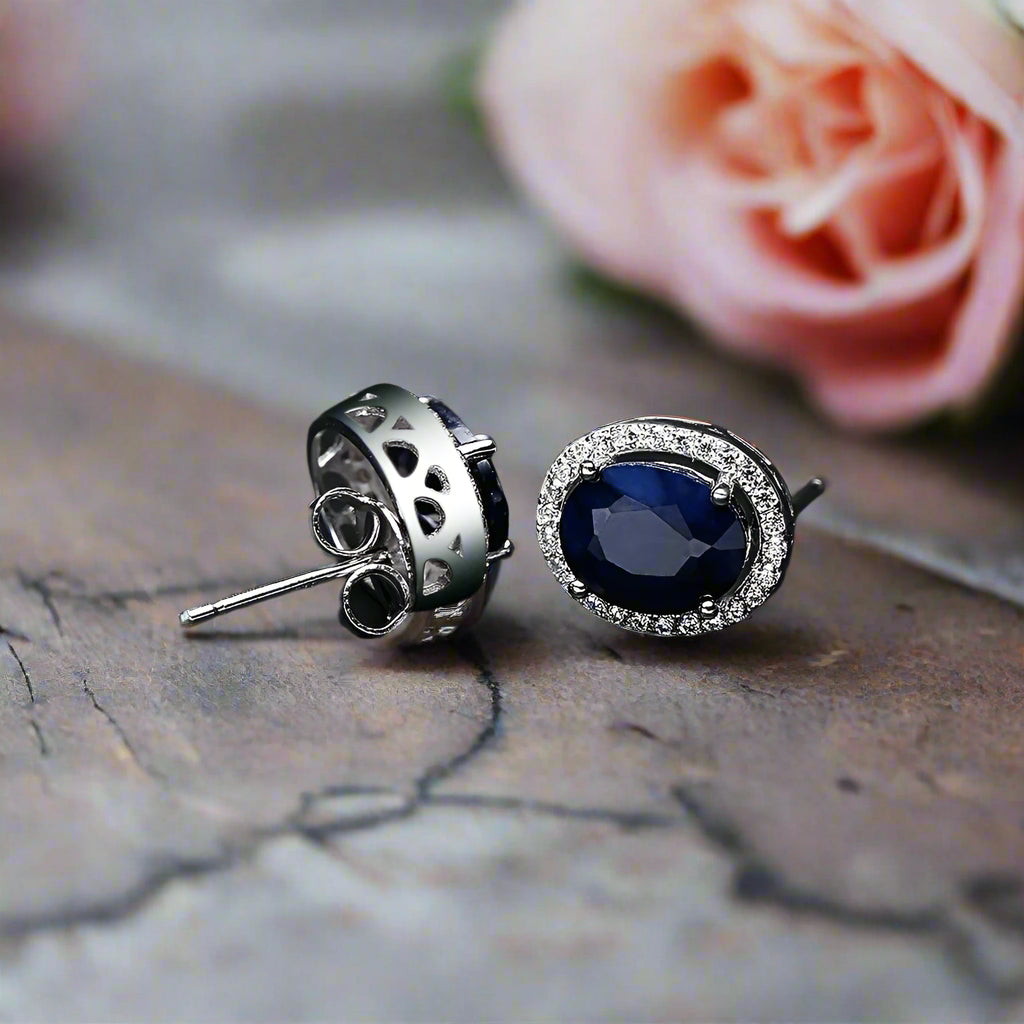 GRACE Oval Blue Sapphire Halo Stud Earrings in Sterling Silver