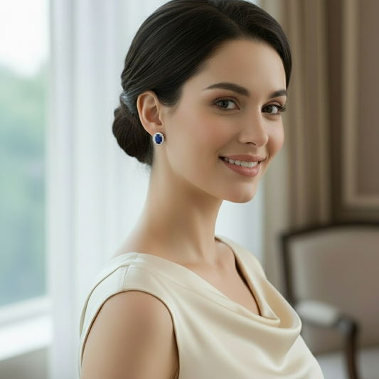 GRACE Oval Blue Sapphire Halo Stud Earrings in Sterling Silver