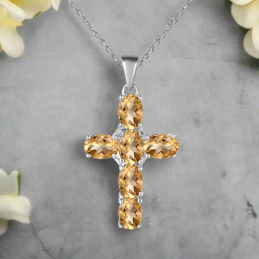 GRACE Oval Gemstone Cross Necklace in Sterling Silver