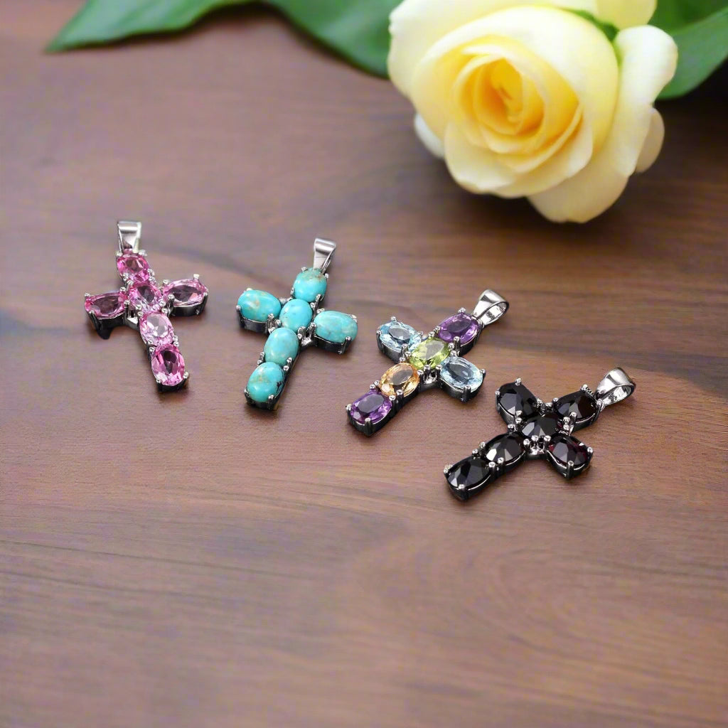 GRACE Oval Gemstone Cross Necklace in Sterling Silver