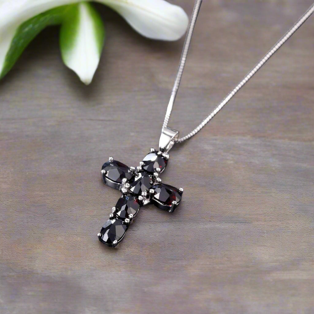 GRACE Oval Gemstone Cross Necklace in Sterling Silver