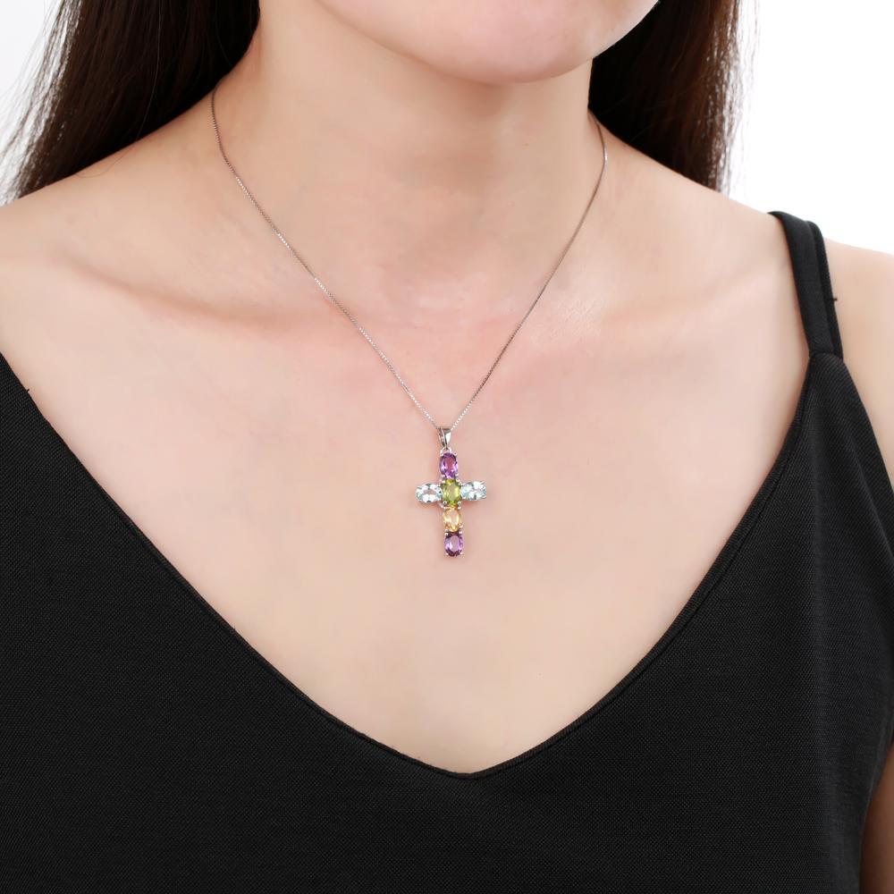 GRACE Oval Gemstone Cross Necklace in Sterling Silver