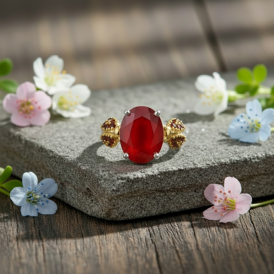 GRACE Oval Red Agate Ladybug Adjustable Ring in Sterling Silver