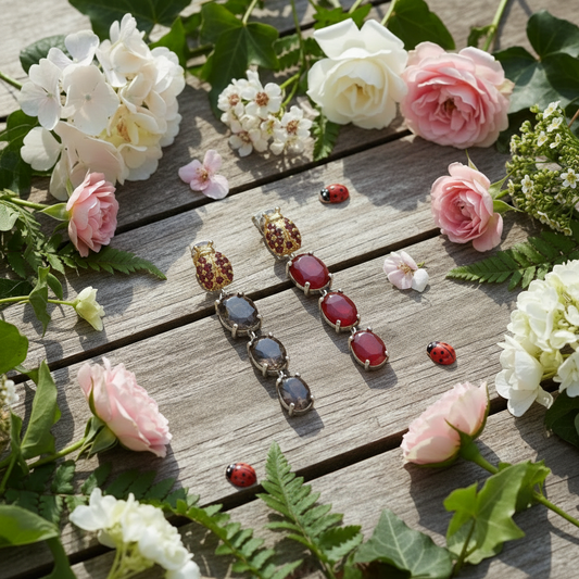 GRACE Oval Gemstone Ladybug Earrings in Sterling Silver