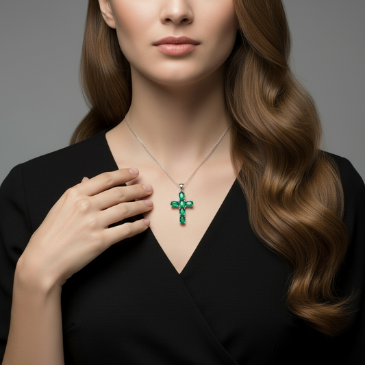 GRACE Oval Green Agate Multi-Stone Cross Necklace in Sterling Silver