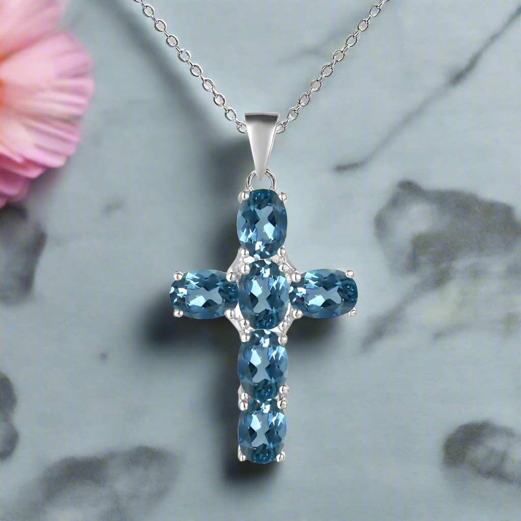 GRACE Oval Gemstone Cross Necklace in Sterling Silver