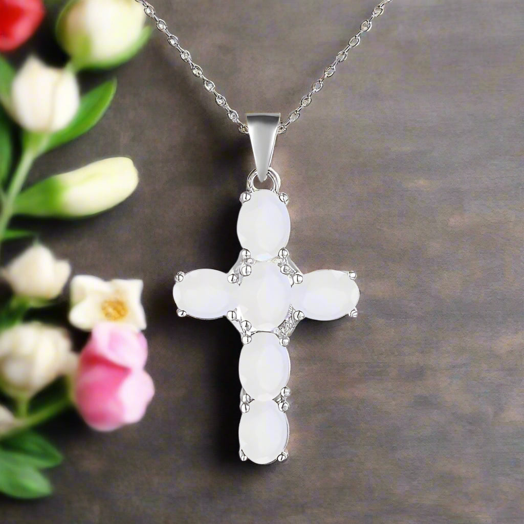 GRACE Oval Gemstone Cross Necklace in Sterling Silver
