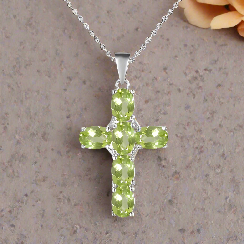 GRACE Oval Gemstone Cross Necklace in Sterling Silver