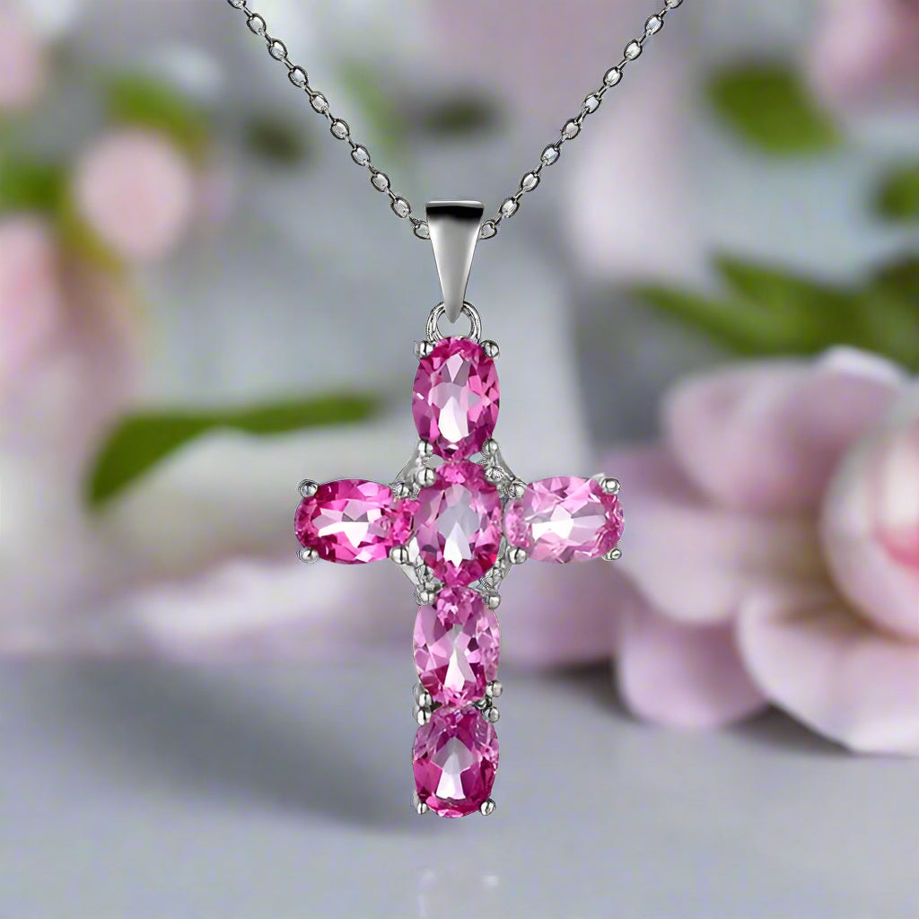 GRACE Oval Gemstone Cross Necklace in Sterling Silver