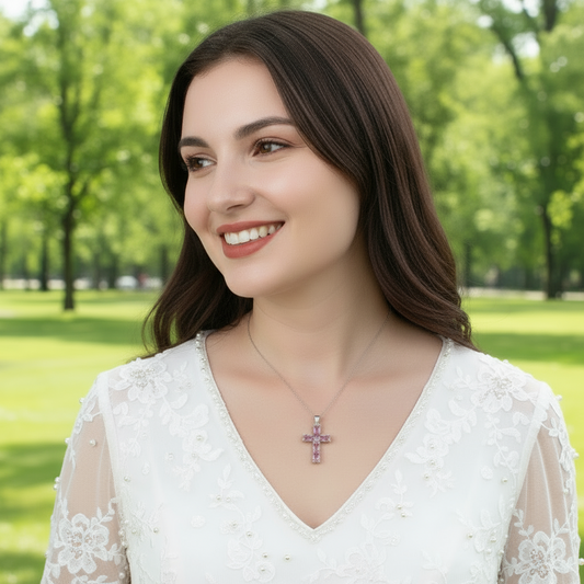 GRACE Oval Pink Topaz Multi-Stone Cross Necklace in Sterling Silver