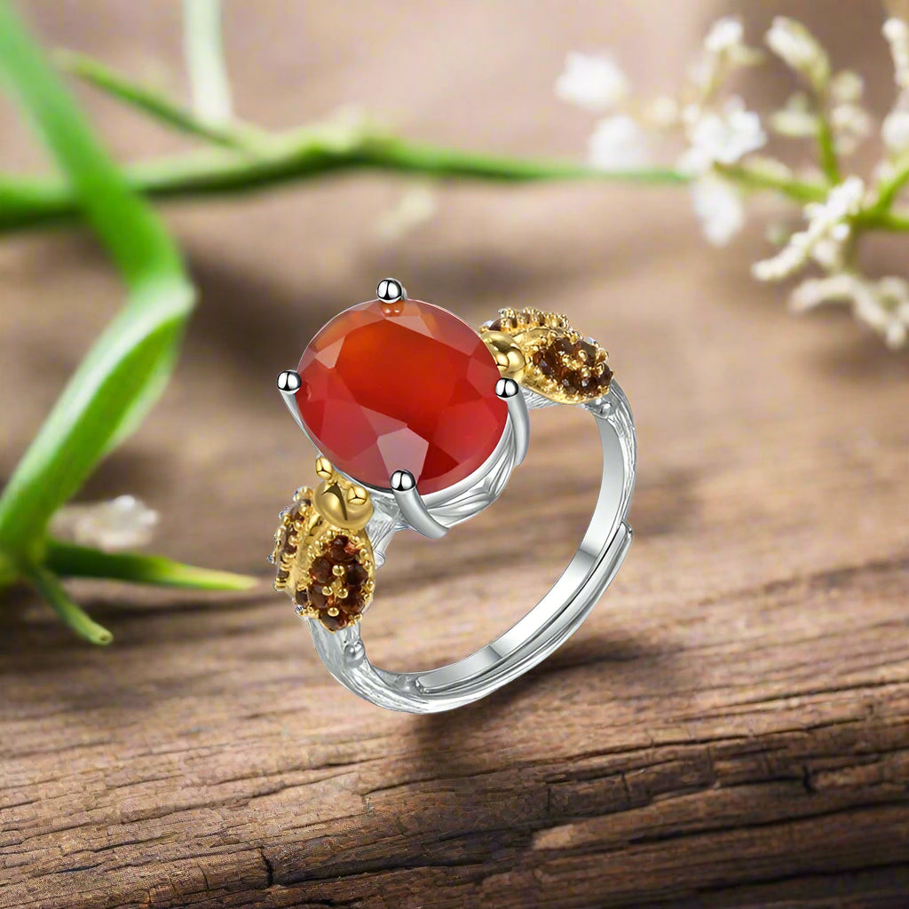 GRACE Oval Red Agate Smoky Quartz Ladybug Adjustable Ring in Sterling Silver