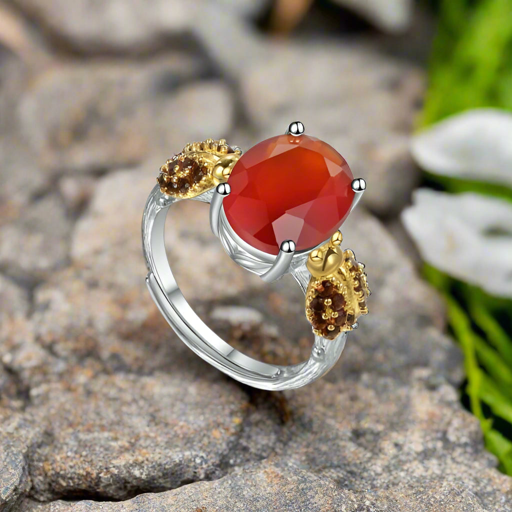 GRACE Oval Red Agate Smoky Quartz Ladybug Adjustable Ring in Sterling Silver