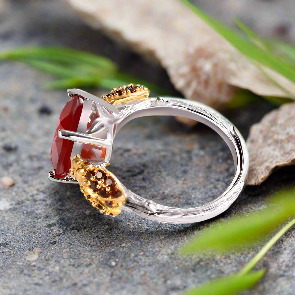 GRACE Oval Red Agate Smoky Quartz Ladybug Adjustable Ring in Sterling Silver