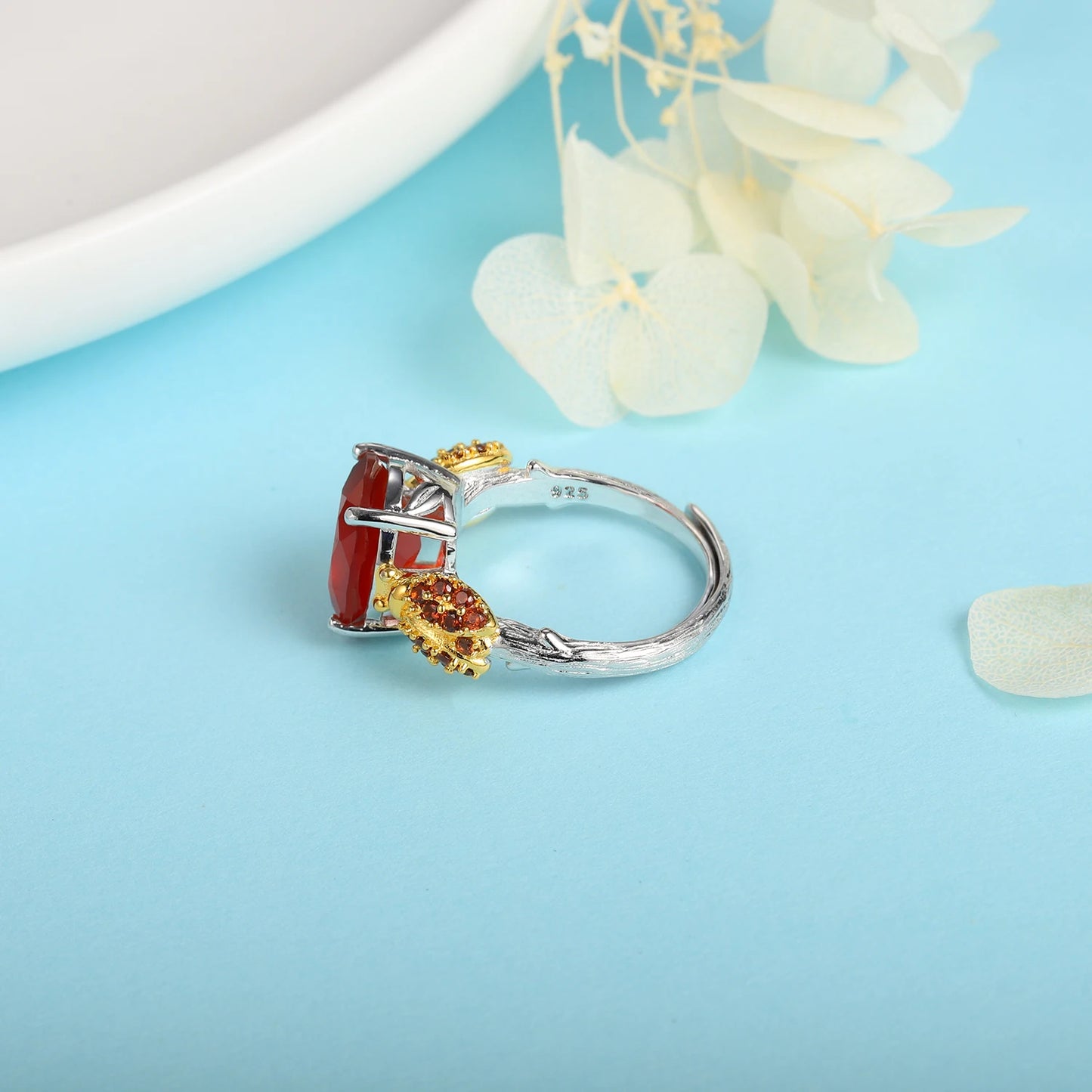 GRACE Oval Red Agate Smoky Quartz Ladybug Adjustable Ring in Sterling Silver