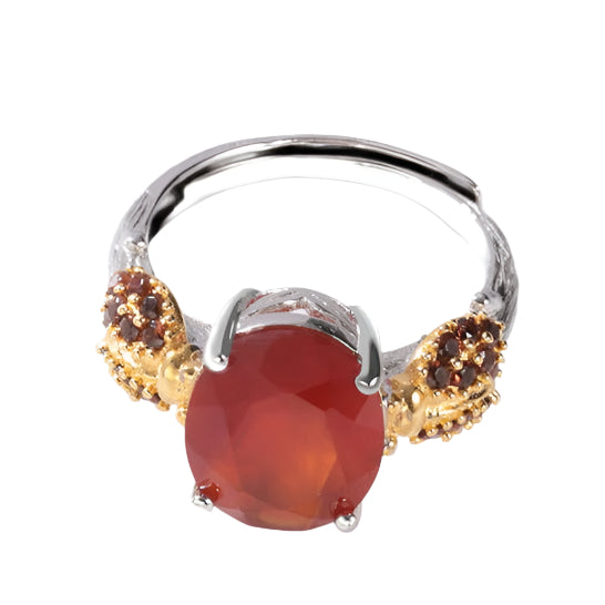 GRACE Oval Red Agate Smoky Quartz Ladybug Adjustable Ring in Sterling Silver