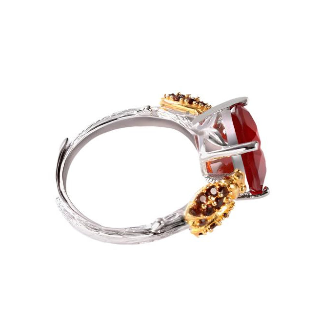 GRACE Oval Red Agate Smoky Quartz Ladybug Adjustable Ring in Sterling Silver