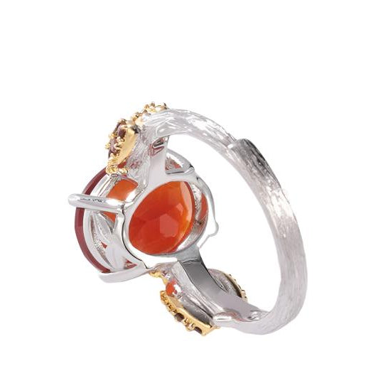 GRACE Oval Red Agate Smoky Quartz Ladybug Adjustable Ring in Sterling Silver