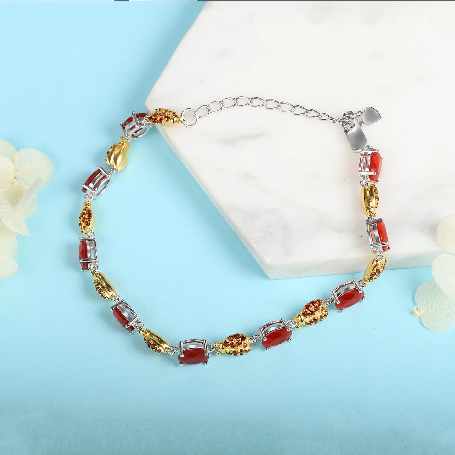 GRACE Oval Red Agate Ladybug Bracelet in Sterling Silver