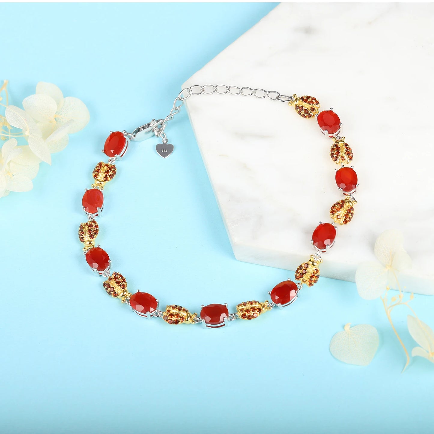 GRACE Oval Red Agate Ladybug Bracelet in Sterling Silver