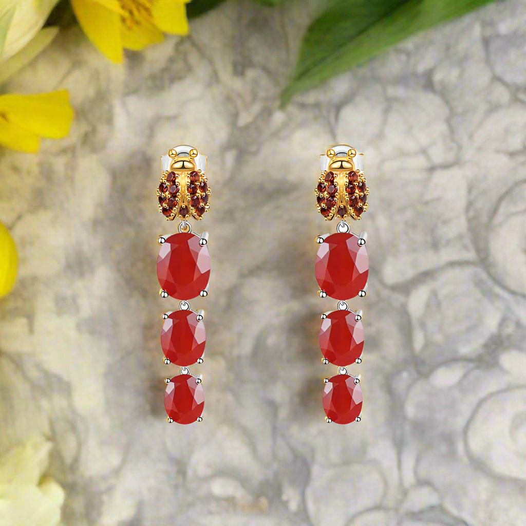 GRACE Oval Red Agate Ladybug Drop Earrings in Sterling Silver