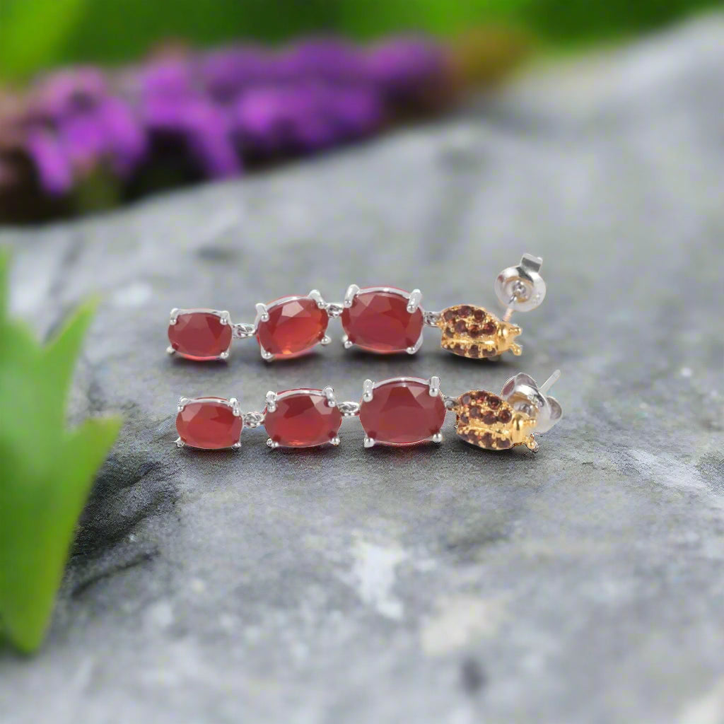 GRACE Oval Red Agate Ladybug Drop Earrings in Sterling Silver
