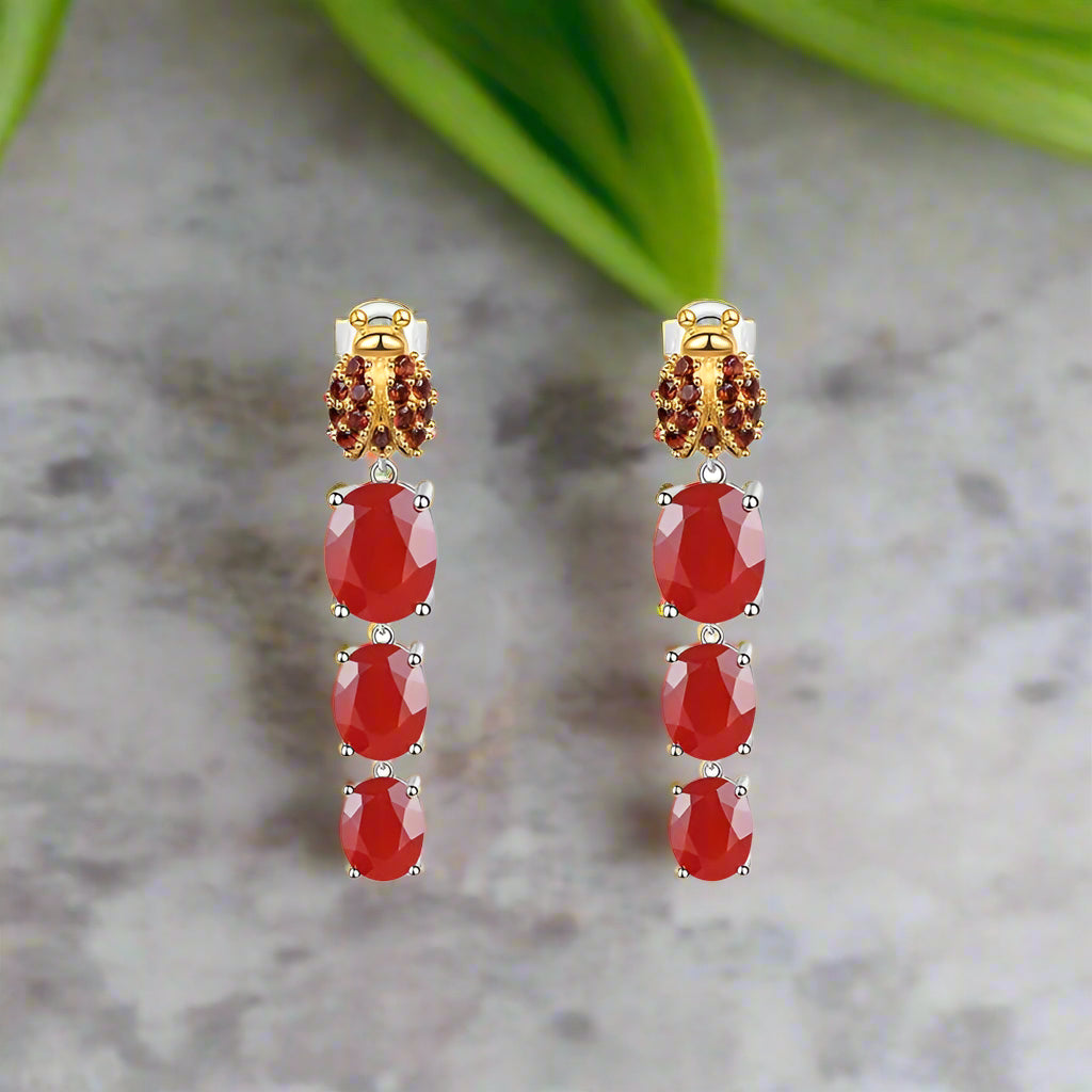 GRACE Oval Red Agate Ladybug Drop Earrings in Sterling Silver