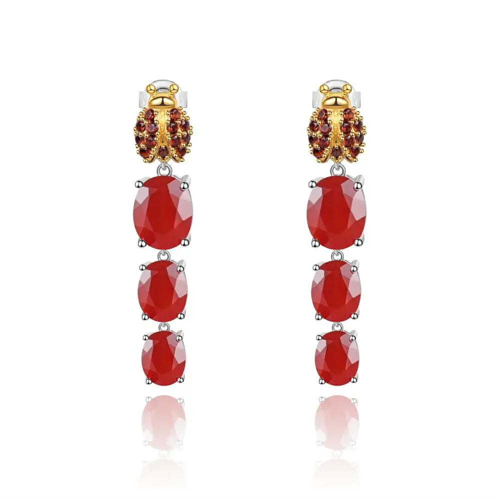 GRACE Oval Red Agate Ladybug Drop Earrings in Sterling Silver