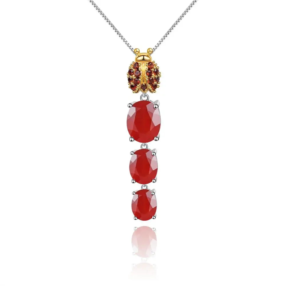 Collar con colgante de mariquita de cuarzo ahumado y ágata roja ovalada GRACE en plata de ley