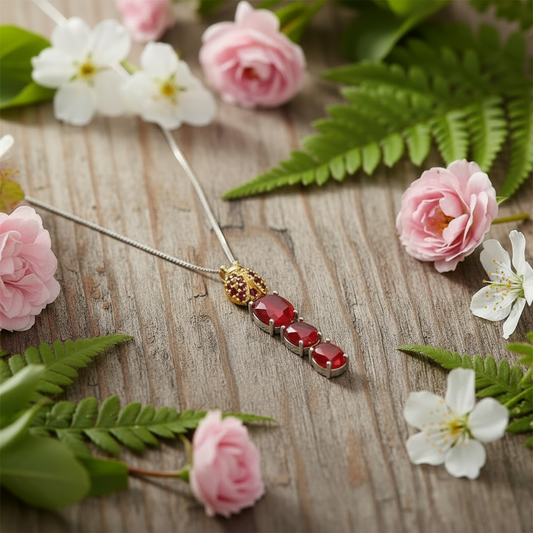 GRACE Oval Red Agate Ladybug Pendant Necklace in Sterling Silver