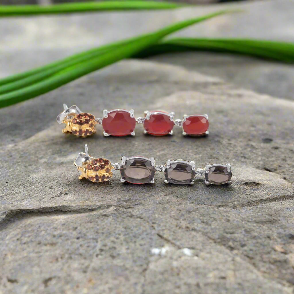 GRACE Oval Red Agate Ladybug Drop Earrings in Sterling Silver