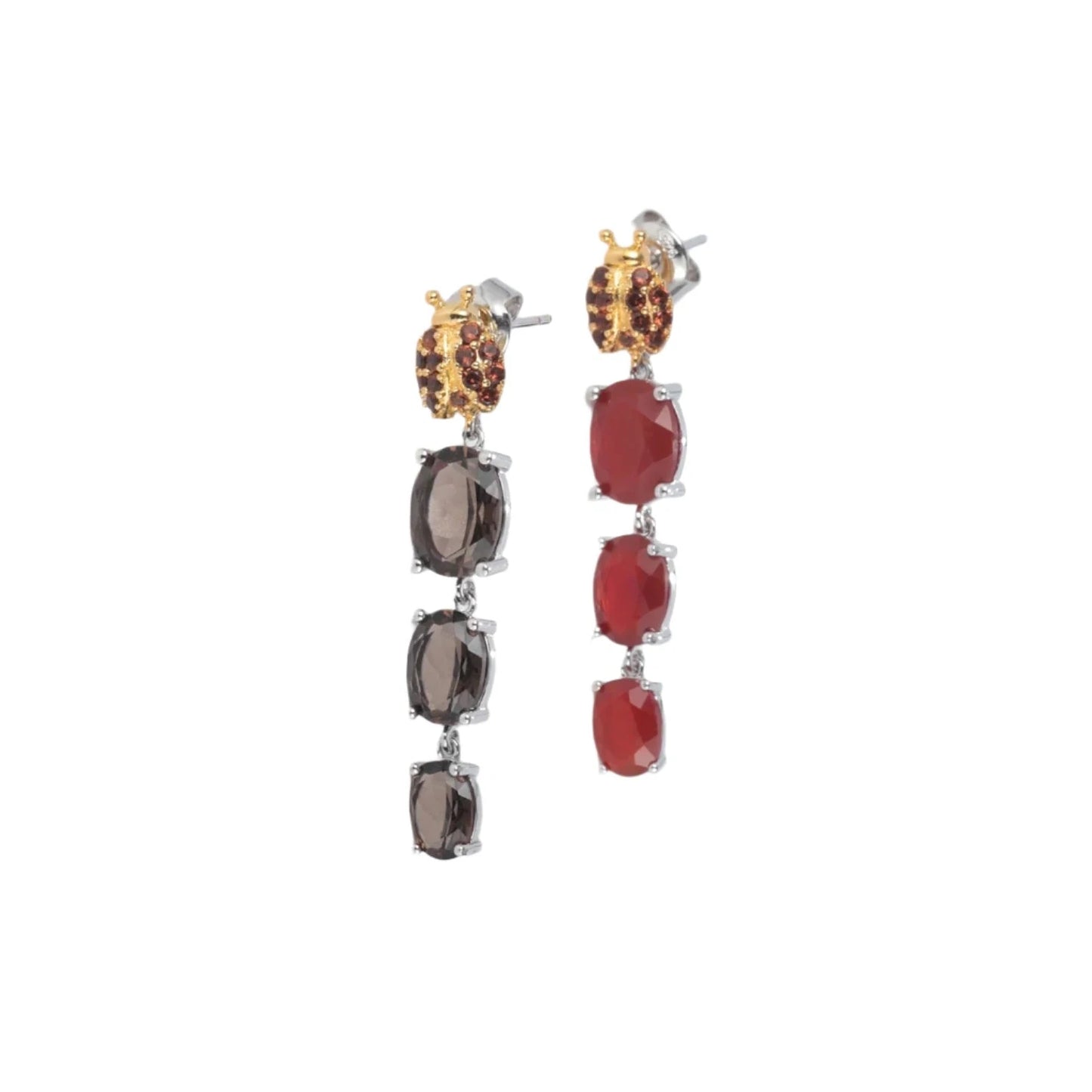 GRACE Oval Red Agate Ladybug Drop Earrings in Sterling Silver