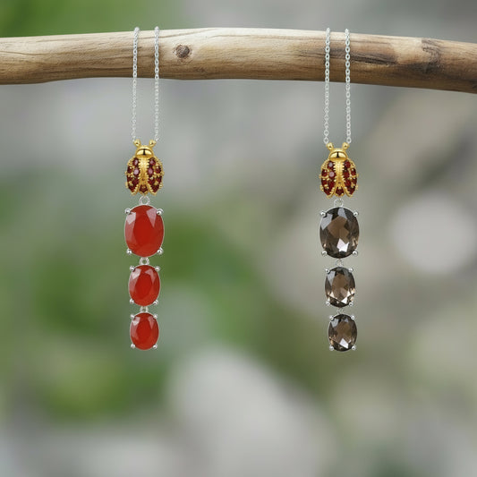 GRACE Oval Gemstone Ladybug Pendant Necklace in Sterling Silver