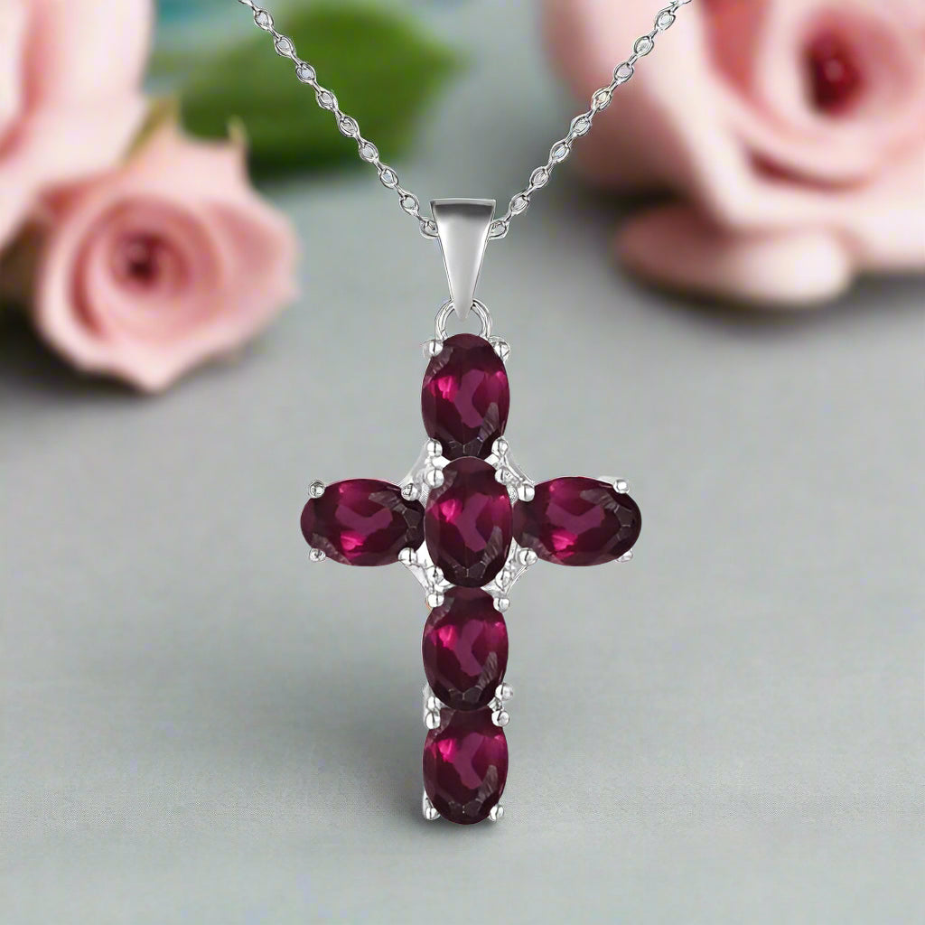 GRACE Oval Gemstone Cross Necklace in Sterling Silver