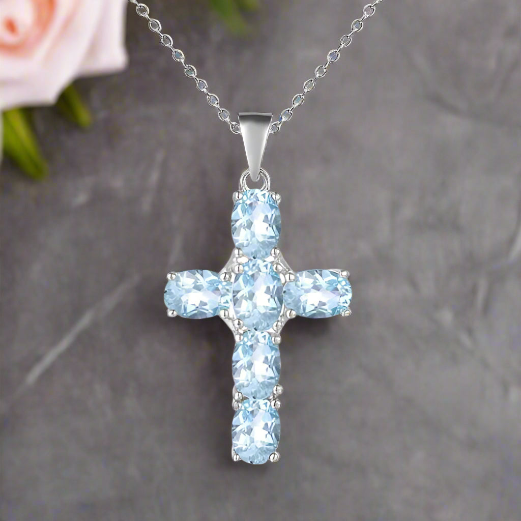 GRACE Oval Gemstone Cross Necklace in Sterling Silver