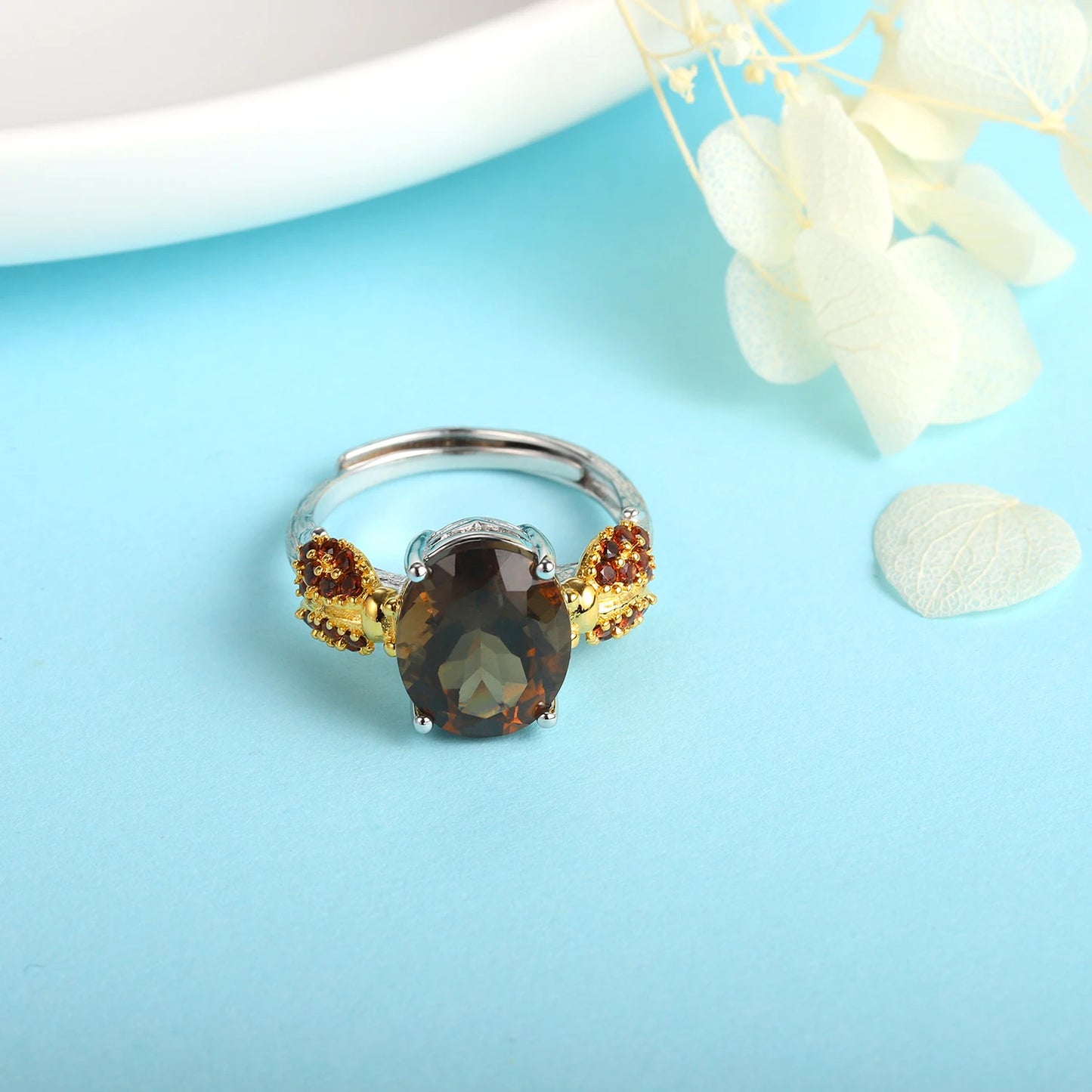 GRACE Oval Red Agate Smoky Quartz Ladybug Adjustable Ring in Sterling Silver