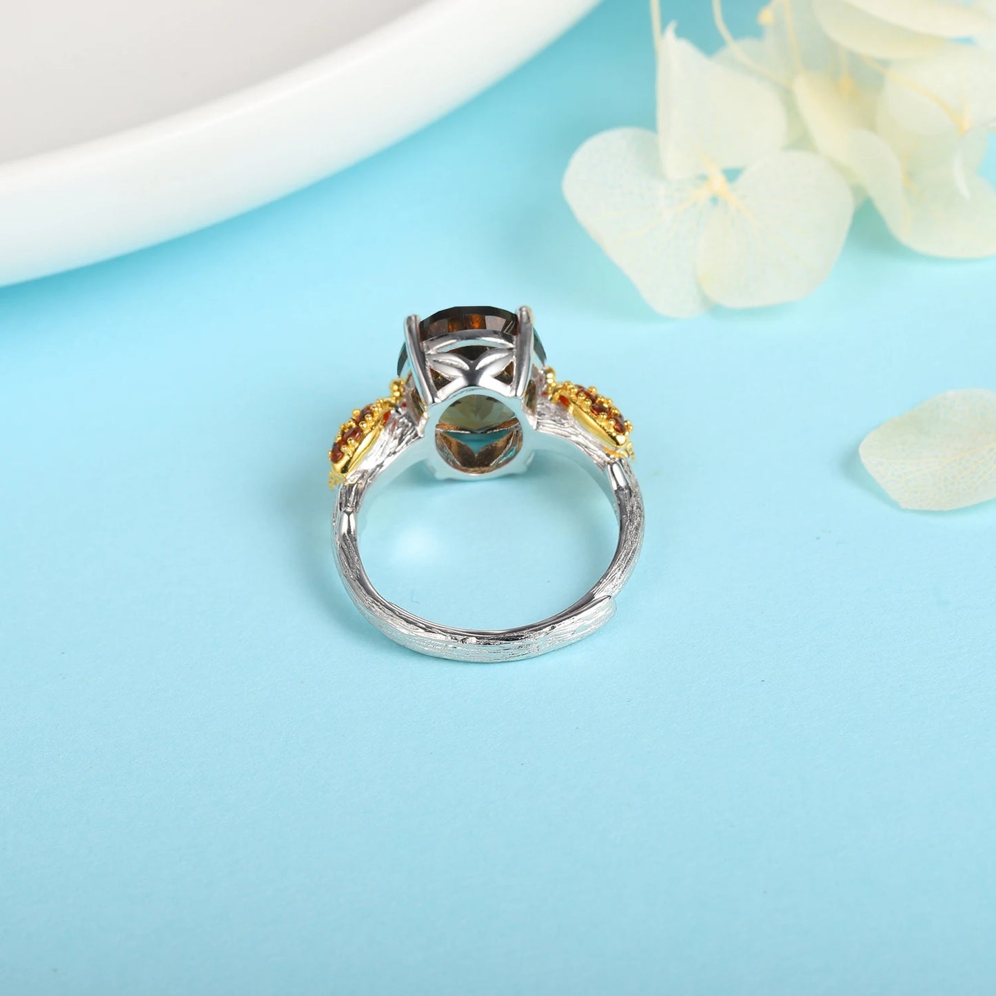 GRACE Oval Red Agate Smoky Quartz Ladybug Adjustable Ring in Sterling Silver