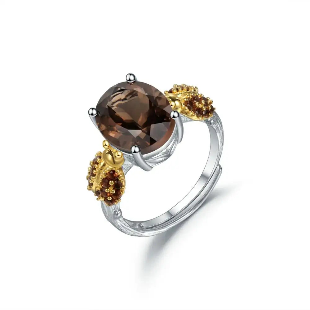 GRACE Oval Red Agate Smoky Quartz Ladybug Adjustable Ring in Sterling Silver