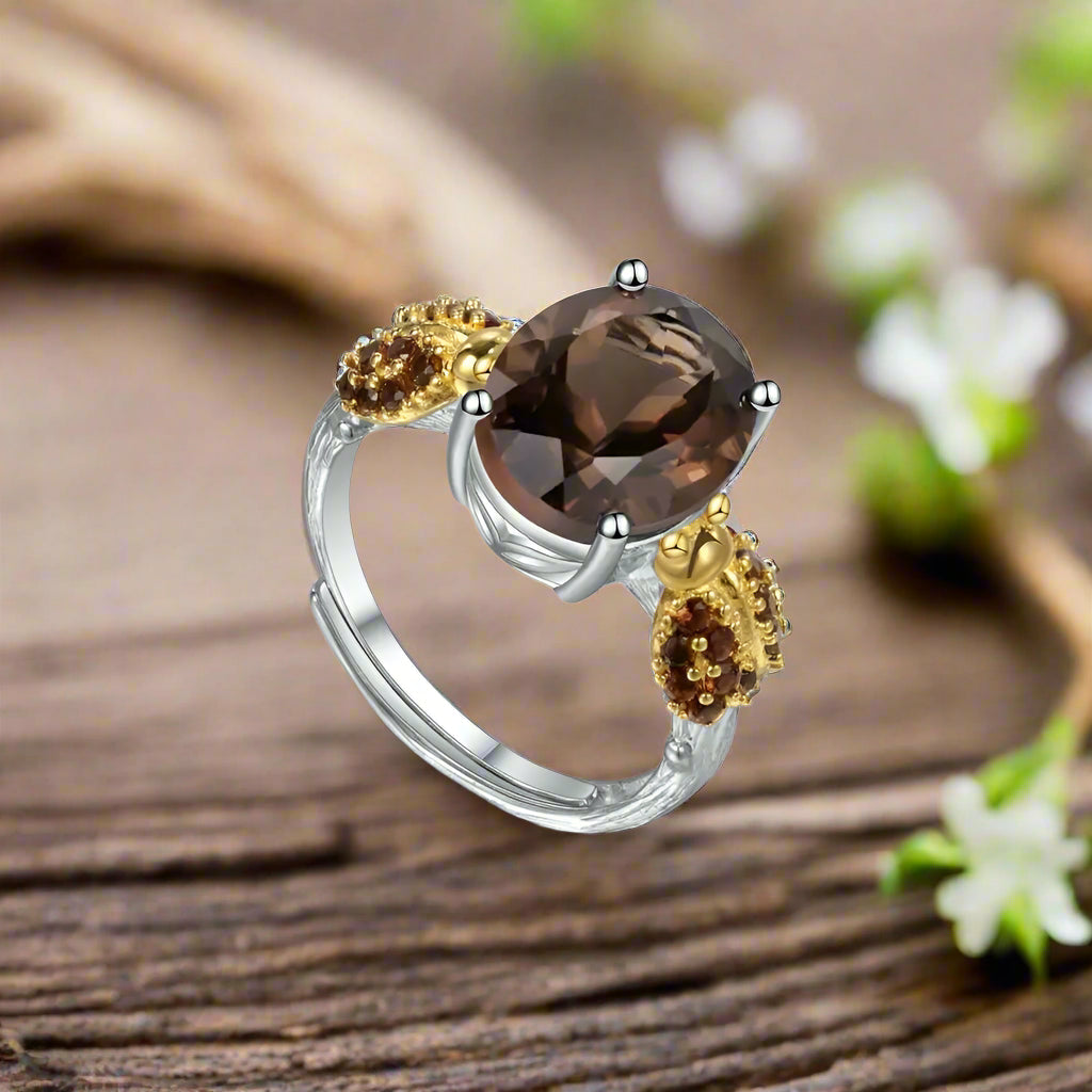 GRACE Oval Red Agate Smoky Quartz Ladybug Adjustable Ring in Sterling Silver