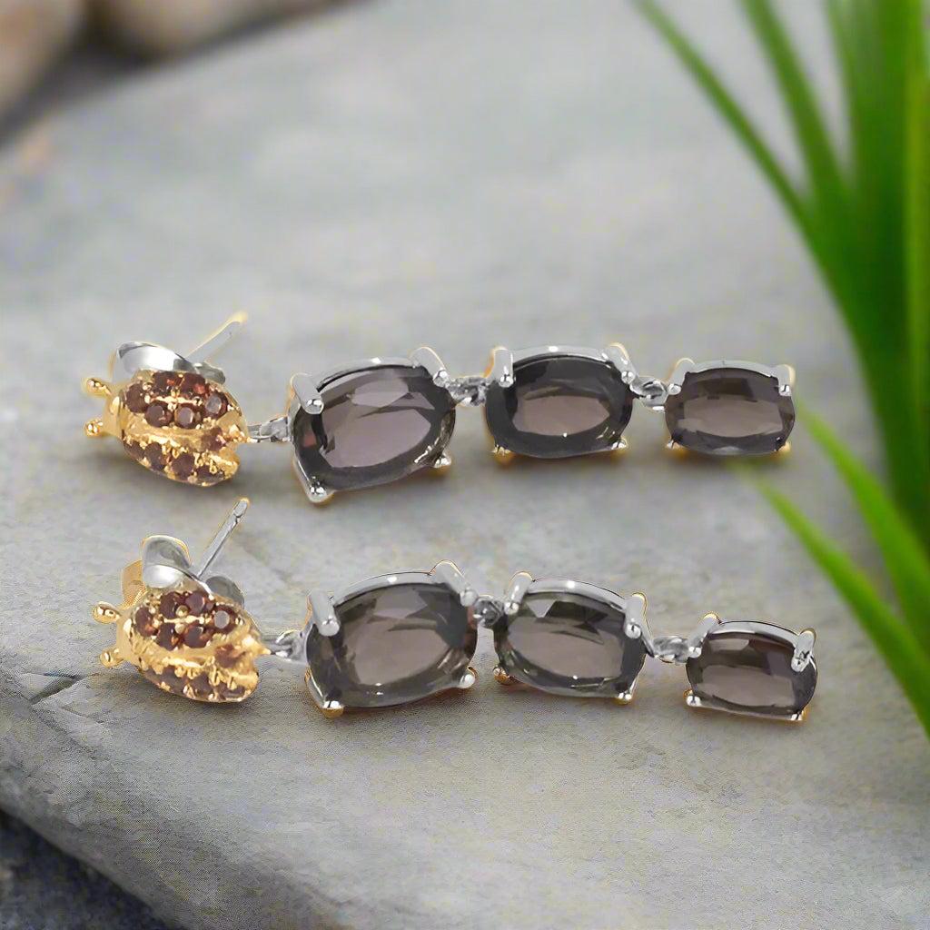 GRACE Oval Smoky Quartz Ladybug Drop Earrings in Sterling Silver