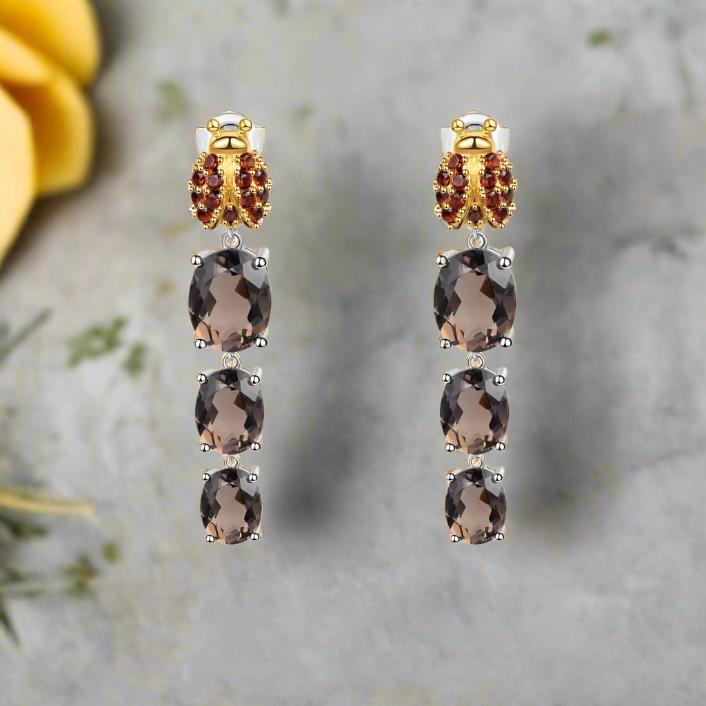 GRACE Oval Smoky Quartz Ladybug Drop Earrings in Sterling Silver