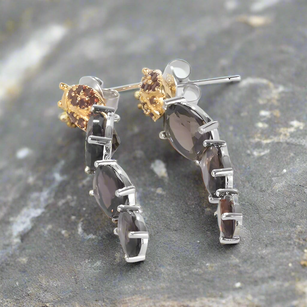 GRACE Oval Smoky Quartz Ladybug Drop Earrings in Sterling Silver
