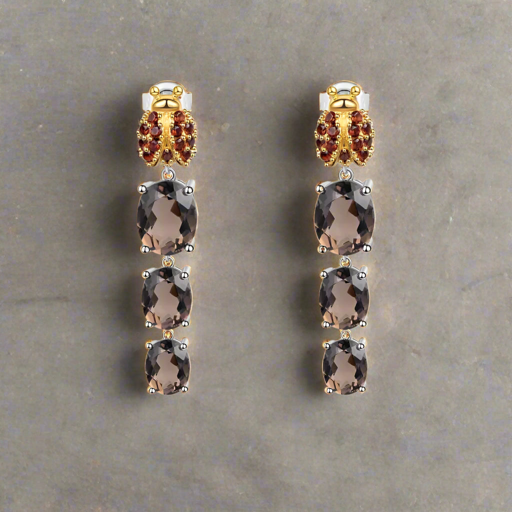GRACE Oval Smoky Quartz Ladybug Drop Earrings in Sterling Silver